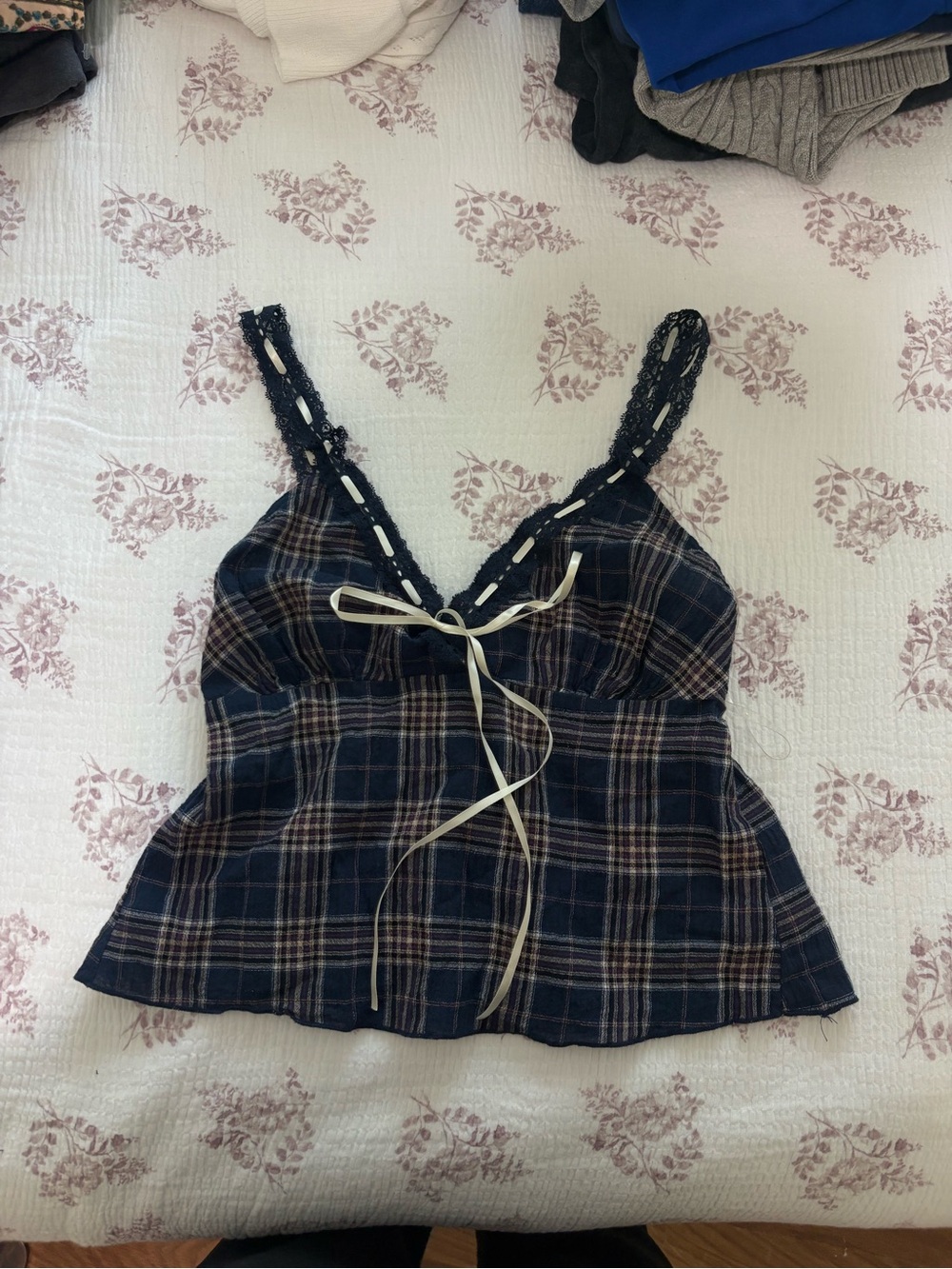 Blue and brown plaid lace top